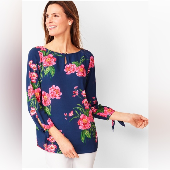 Talbots Floral Blouse Navy Pink womens size medium - Picture 1 of 6